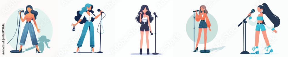 Fototapeta premium Trendy Female Pop Singers Vector Set – Modern Women with Microphone