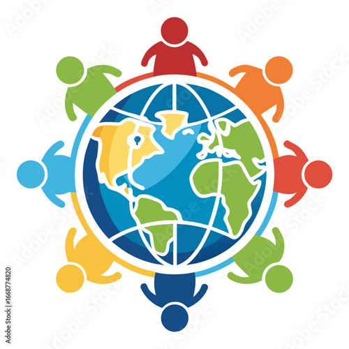 Diverse global community united around planet Earth, symbolizing cooperation, unity, and interconnectedness for a better future, perfect for international business and social initiatives.