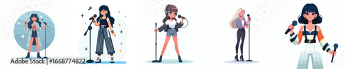 Stylish Female Pop Singer Vector Set – Girls Performing with Microphones