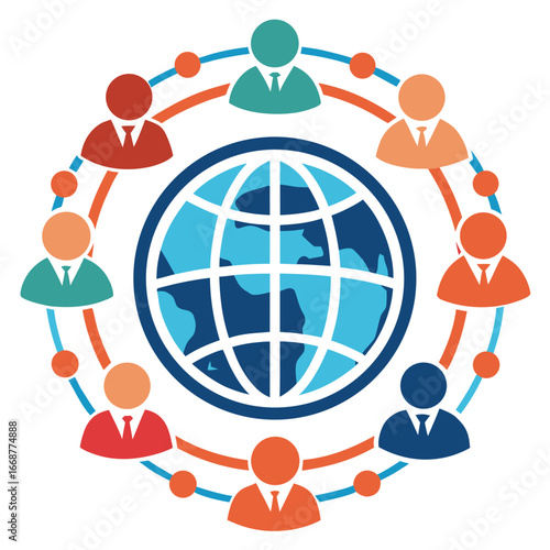 Global teamwork and connection depicted by diverse people icons orbiting a stylized world map, symbolizing international collaboration and unified business networks for modern enterprises.