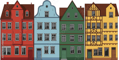 Colorful traditional European houses illustration, vintage architecture facade, charming old town buildings, German-style homes, detailed city street elevation