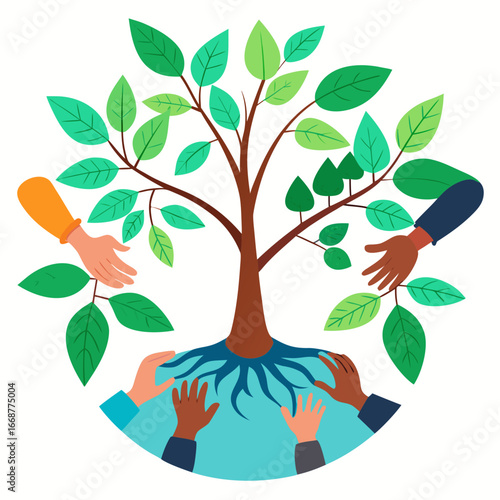 Diverse hands nurturing vibrant tree, symbolizing community, growth, and environmental care, a powerful visual for sustainability and teamwork concepts