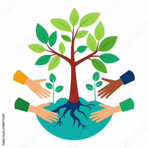 Diverse hands unite to nurture a vibrant tree representing growth, community, and environmental responsibility in a modern illustration