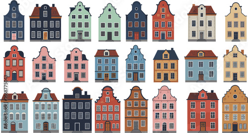 Colorful traditional European houses illustration, vintage architecture facade, charming old town buildings, German-style homes, detailed city street elevation