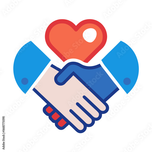 Handshake with heart icon symbolizing agreement, love, and compassion for business, charity, or community, a perfect visual