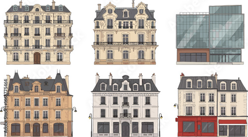 Elegant Parisian and European-style architecture, historical vintage buildings, classic facades, modern glass building, street front view, urban architecture collection