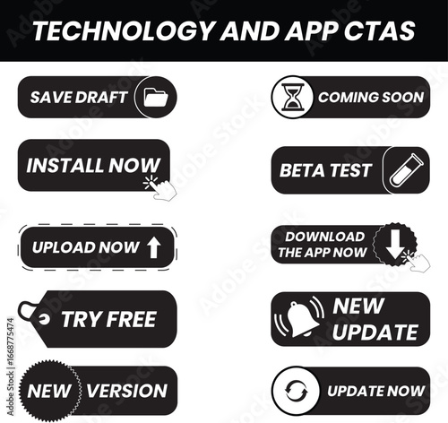 Technology and App CTA Buttons Vector Set – Update, Install, Download, Upload, Try Free, New Update, Coming Soon, New Version - Call to Action Set and Badges for Mobile, Web, and UI Design