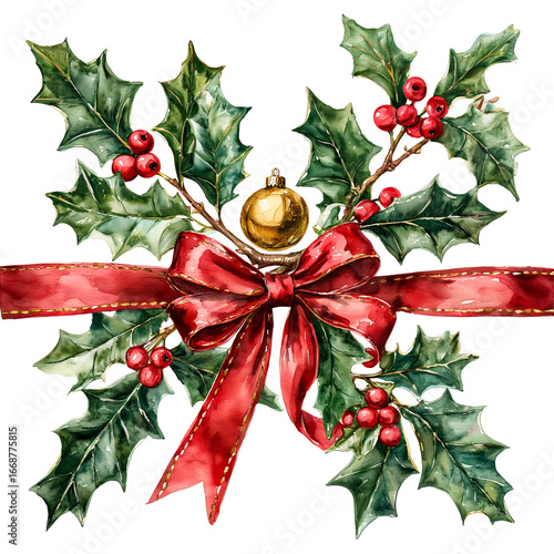 a watercolor painting depicts a festive arrangement of holly leaves and red berries tied with a vibrant red ribbon and adorned with a golden ornament.