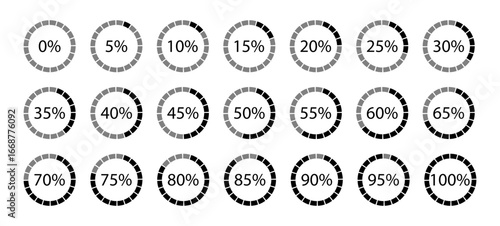 A collection of loading icons representing different percentage completion levels from 0% to 100% in a circular format.