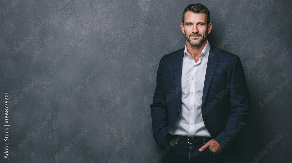 Fototapeta premium A professional businessman in a suit poses against a dark gray background, looking confident.