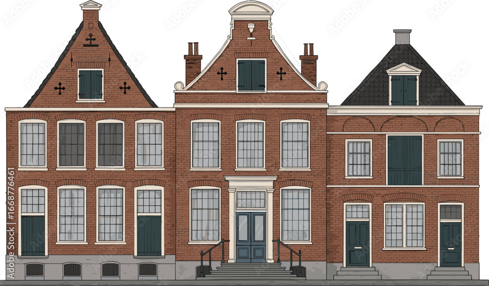 Fototapeta premium Elegant red brick European building facade with classical columns, large windows, vintage architecture style, historic city architecture front design