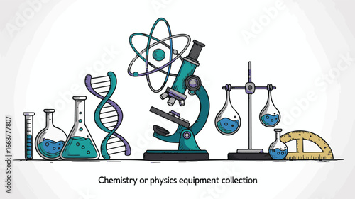 Scientific laboratory equipment collection with atom and dna science microscope
