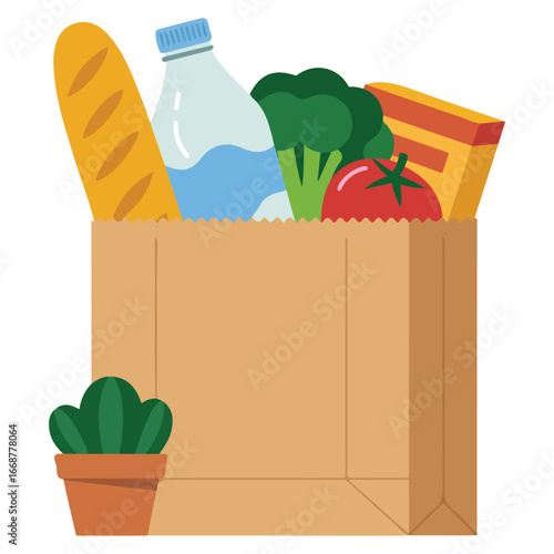 Paper bag package food drink products flat design isolated vector illustration on white background