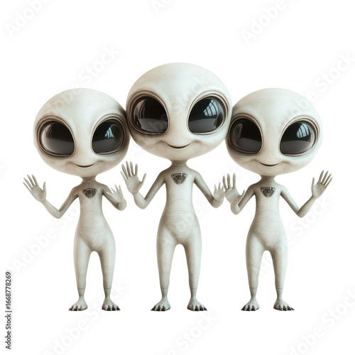 Smiling aliens waving greetings in a futuristic arrival scene isolated on a white transparent background