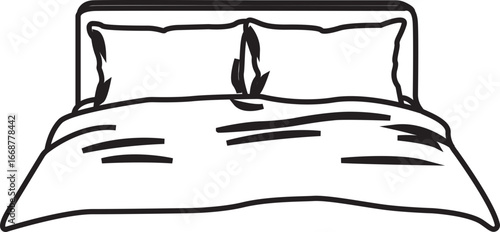 Bed line icon,Minimalist line art icon of a double bed with pillows isolated on transparent background,bed line icons set. sleep, bedroom, furniture, rest. editable vector illustration