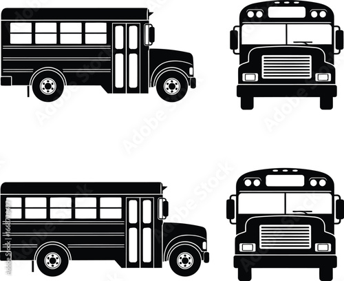 Black silhouette of a school bus from side and front views