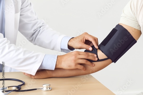 A doctor is taking a patient's blood pressure using a sphygmomanometer, with a stethoscope nearby on a table. Resting blood pressure.