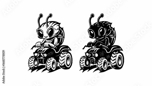 Two cartoon aliens driving atvs in black and white illustration style with detailed tire treads design | editable eps vectors silhouette
