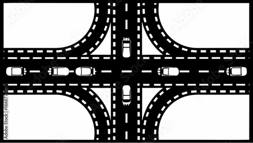 Black and white  of a road intersection with multiple lanes and several cars at the junction | editable eps vectors silhouette