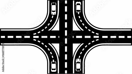 Overhead view of a four way road intersection with cars and dashed lines in a black and white design | editable eps vectors silhouette