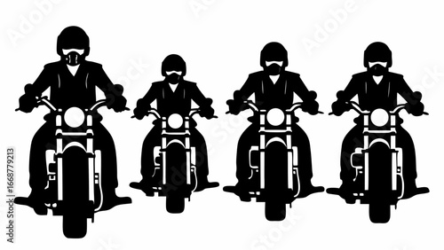 Silhouette illustration of four motorcycle riders wearing helmets and riding motorcycles in black and white | editable eps vectors