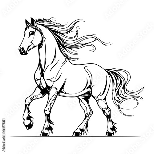 A powerful horse in black and white line art style. This is a perfect illustration for use in horse racing, animal research, educational materials, and wildlife books.