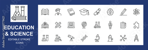Education and science glyph icon set. Vector pictograms of atom, microscope, test tube, flask, telescope, laptop, checklist, clipboard, Editable stroke. Vector illustration.