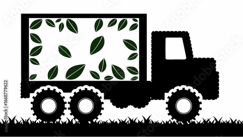 Silhouette of a truck with leaf patterns in its cargo area on a grassy surface in black and white style | editable eps vectors