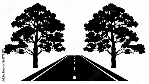 Illustration of a straight road with dashed lines flanked by two trees in silhouette on a white background | editable eps vectors