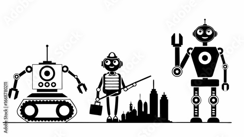 Three robots standing in front of a city skyline, one with treads, one with a briefcase, one waving tool | editable eps vectors silhouette