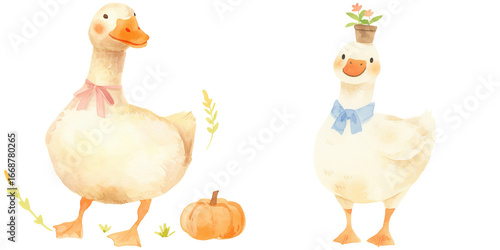 charming silly goose adorned with ribbons, beside a pumpkin watercolor clipart
