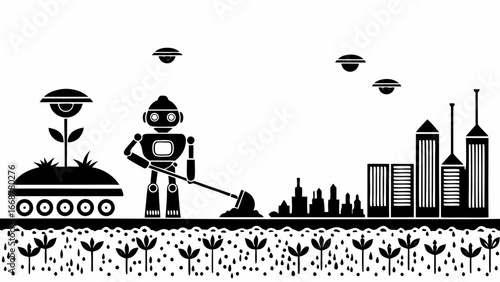 Illustration of a robot farming with ufos flying above and a city skyline in the background in black and white | editable eps vectors silhouette
