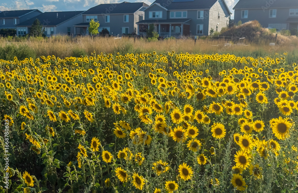 Obraz premium Beautiful sunflower field with suburban houses in the background in Longmont, Colorado