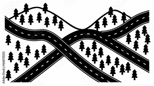 Illustration of winding roads through a hilly landscape with pine trees in black and white design style | editable eps vectors silhouette