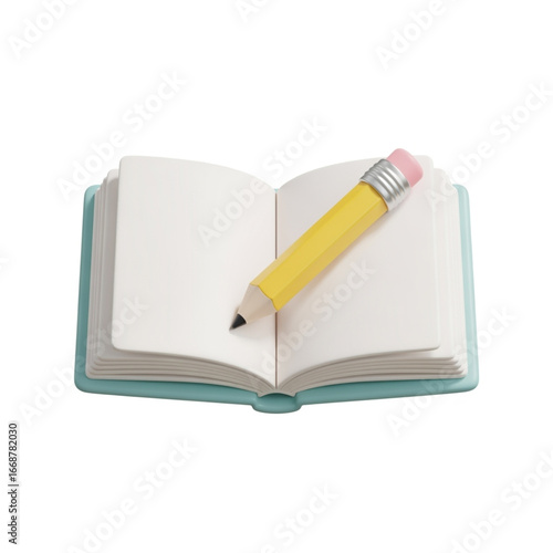 3D illustration of an open notebook with blank pages and a large yellow pencil placed across, simple and clean design on a white background.