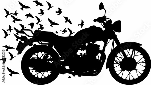 Silhouette of a motorcycle with birds flying away from it creating a sense of freedom and movement in black | editable eps vectors