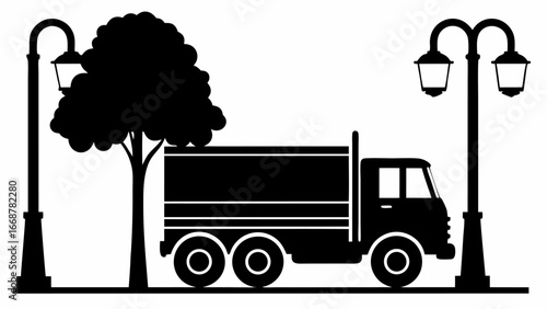 Silhouette of a truck between two street lamps and a tree on a white background in vector format | editable eps vectors