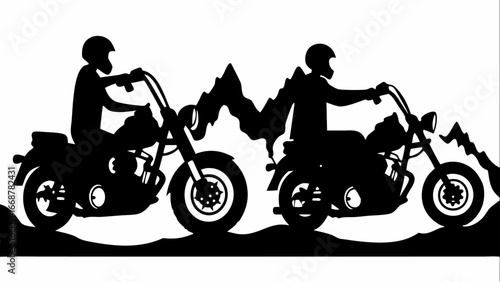 Two motorcycle riders silhouetted against a mountain range in a monochrome black and white scene view | editable eps vectors