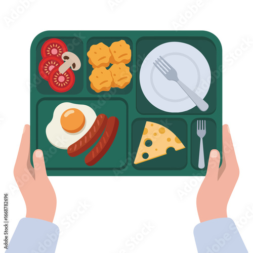 Hand holding school lunch tray vector illustration isolated on white background