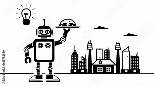 Robot holding a tray with food and a lightbulb above it with a city skyline in the background view | editable eps vectors silhouette