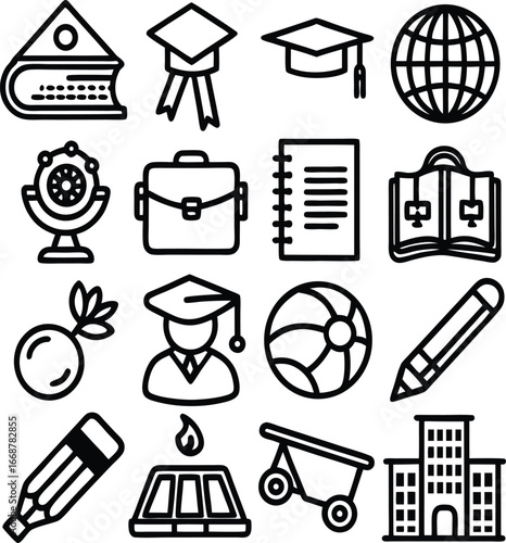 Collection of educational and school icons representing knowledge learning graduation and student life symbols