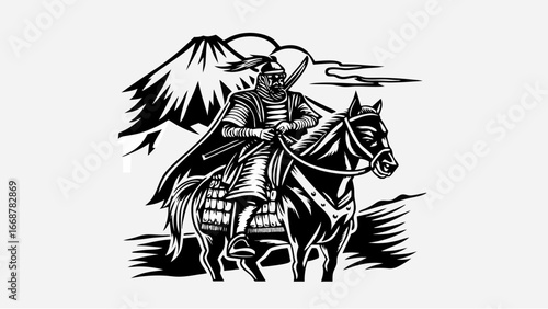 Illustration of a mounted warrior with mountain backdrop in black and white graphic style design art piece | editable eps vectors silhouette