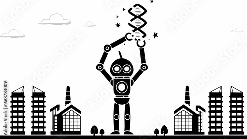 Robot holding dna strand in a futuristic city with buildings and clouds in a black and white illustration | editable eps vectors silhouette