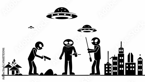 Illustration of alien invasion with ufos and stick figures over a city landscape in black and white | editable eps vectors silhouette