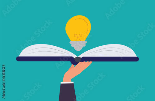 Knowledge or education, study or learning new skill, creativity or idea, reading book for inspiration, discover solution or literature, wisdom concept, open book and lightbulb idea
