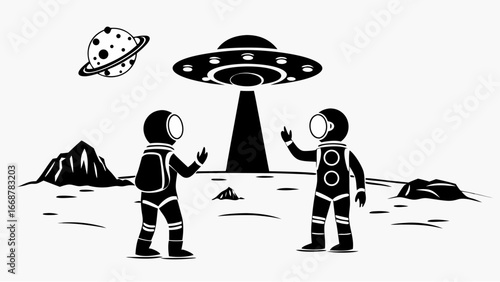Two astronauts encounter a ufo on a desolate planet with mountains and a spotted planet in the sky | editable eps vectors silhouette