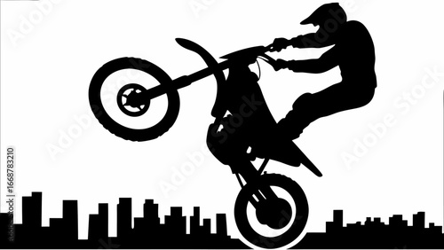 Silhouette of a motorcyclist performing a wheelie with city buildings in the background in black and white | editable eps vectors