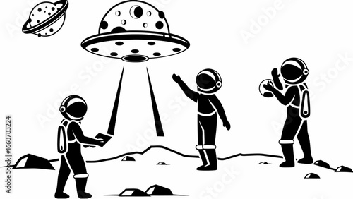 Astronauts on a moon surface observing a ufo with light beams and a planet in the background space scene | editable eps vectors silhouette