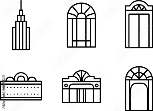 1920s Art Deco Architecture Line Icon Set: 6 Minimalist Black and White Vector Icons for Retro Design. Includes Skyscraper, Geometric Window, and Ornate Gateway Symbols.