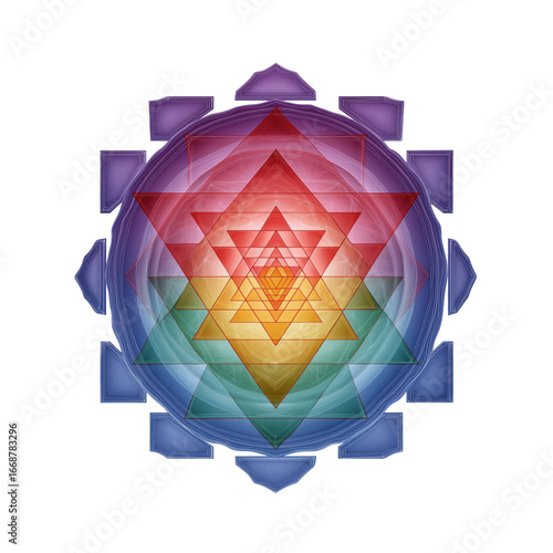 Symmetrical rainbow mandala with layered triangles and sacred geometry design, representing spirituality, meditation, and inner focus.
